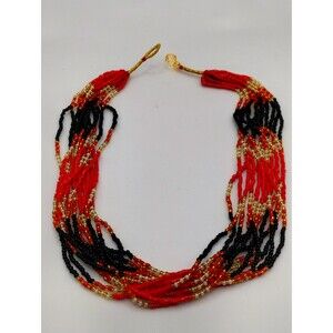 Vintage Handmade Red, Black, Gold Glass Seed Bead Tribal Style Necklace